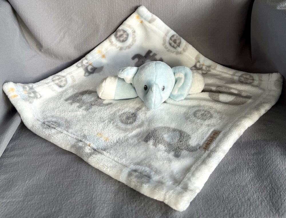 Blankets & Beyond Elephant Owl Blanket Blue White Gray Lovey Comforter Nunu